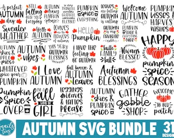May include: A set of 31 autumn-themed SVG designs featuring phrases like "Pumpkin Spice", "Autumn Vibes", "Fall Breeze", and "Autumn Blessings". The designs are in black text with orange and red accents.