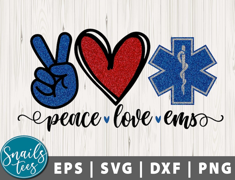 May include: Peace, love, and EMS graphic design featuring a peace sign, a heart, and a blue and silver star of life. The design is perfect for an EMT, paramedic, or anyone who loves the medical field.