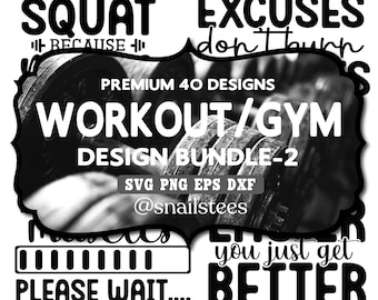 Plus de 40 images de fitness ultimes au format PNG, lot de designs, lot de SVG, citations de sport amusantes au format png, citations de motivation puissantes et graphismes audacieux pour t-shirts de sport, fitness