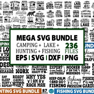 Puede incluir: Un paquete de diseños gráficos en blanco y negro con 236 archivos para acampar, lago, caza y pesca. El paquete incluye archivos SVG, EPS, DXF y PNG. El texto "MEGA SVG BUNDLE" está en letras grandes y negritas en la parte superior de la imagen. El texto "CAMPING + LAKE + HUNTING + FISHING" está debajo del título. El texto "236 FILES" está en la esquina superior derecha de la imagen. El texto "EPS | SVG | DXF | PNG" está debajo del título. El texto "CAMPING" está en un cuadro verde en la parte inferior izquierda de la imagen. El texto "HUNTING SVG BUNDLE 87 DESIGNS" está en un cuadro verde en la parte inferior central de la imagen. El texto "FISHING SVG BUNDLE 91 DESIGNS" está en un cuadro verde en la parte inferior derecha de la imagen.