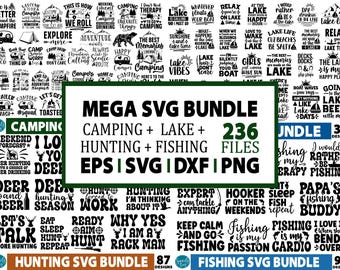 May include: A black and white graphic design bundle with 236 files for camping, lake, hunting, and fishing. The bundle includes SVG, EPS, DXF, and PNG files. The text "MEGA SVG BUNDLE" is in large, bold letters at the top of the image. The text "CAMPING + LAKE + HUNTING + FISHING" is below the title. The text "236 FILES" is in the upper right corner of the image. The text "EPS | SVG | DXF | PNG" is below the title. The text "CAMPING" is in a green box at the bottom left of the image. The text "HUNTING SVG BUNDLE 87 DESIGNS" is in a green box at the bottom center of the image. The text "FISHING SVG BUNDLE 91 DESIGNS" is in a green box at the bottom right of the image.