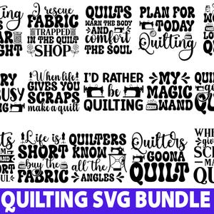 Puede incluir: Una colección de 13 diseños SVG en blanco y negro para acolchar. Los diseños presentan varias citas sobre acolchar, como "Acolchar es puro deleite", "Prefiero acolchar" y "Las acolchadoras van a acolchar".