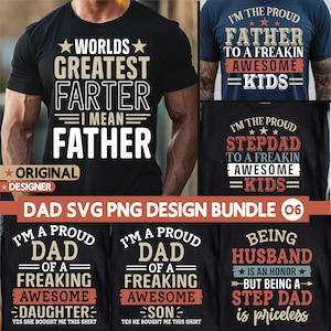 Puede incluir: Una colección de camisetas negras, azul marino y gris oscuro con diseños de texto humorísticos. Las camisetas presentan frases como "World's Greatest Farter", "I'm the Proud Father" e "I'm the Proud Stepdad". Los diseños incluyen estrellas y fuentes en negrita.