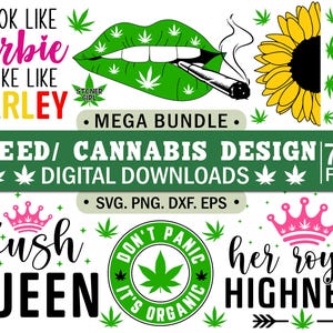 Könnte beinhalten: Ein digitales Design-Bundle mit Cannabis-Themen. Das Design umfasst eine grüne Lippe mit Marihuana-Blättern, eine Sonnenblume und Text mit der Aufschrift "Look Like Barbie, Smoke Like Marley" und "Kush Queen". Das Bundle enthält über 75 Dateien.