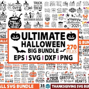 Può includere: Un download digitale di 270 file SVG, EPS, DXF e PNG di Halloween. L'immagine mostra una varietà di design con zucche, pipistrelli, streghe e testo a tema Halloween. Il testo "Ultimate Halloween Big Bundle" è visualizzato in grandi caratteri grassetto.