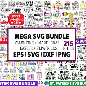 MEGA PACOTE SVG, mais de 210 designs, Pacote Svg enorme, Dia dos Namorados, Mardi Gras, Páscoa, St. Patricks, Pacote de arte, Arquivos de corte Cricut Silhouette