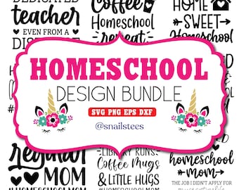 May include: A pink and white design bundle graphic with the text "HOMESCHOOL DESIGN BUNDLE" and unicorn graphics. Additional text includes "SVG PNG EPS DXF" and "@snailtees". Other text includes "Dedicated teacher", "Coffee Homeschool", and "Home Sweet Homeschool".
