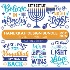 Peut inclure: Un ensemble de designs numériques pour Hanoucca avec plusieurs graphiques. Le design comprend du texte tel que "Believe in miracles", "Eight Night of Light" et "Let's your light shine". Le lot comprend des fichiers SVG, PNG et DXF.