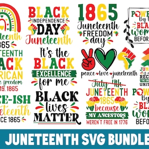 Peut inclure: Un téléchargement numérique de 46 designs SVG célébrant Juneteenth, une fête commémorant l'émancipation des Afro-Américains esclavagistes aux États-Unis. Les designs présentent divers graphiques textuels avec un schéma de couleurs rouge, jaune et vert.