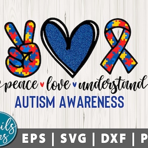 May include: Peace, love, and understanding autism awareness graphic with a peace sign, heart, and ribbon made of puzzle pieces in blue, red, and yellow.