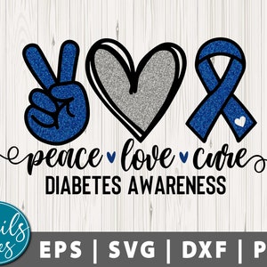 May include: Peace, love, cure diabetes awareness graphic with a blue peace sign, a silver glitter heart, and a blue ribbon. The graphic includes the text "peace love cure" and "diabetes awareness".