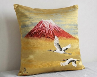 Vintage Japanese Silk Pillow Cover, Mount Fuji & Cranes, Gold Satin Back (16x16)