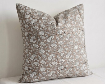 Handmade Brown Floral Pillow Cover, India Block Print
