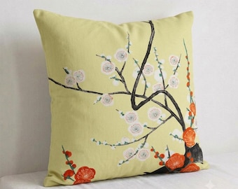 Japanese Floral Silk Pillow Cover, Gold Satin Back, Hidden Zipper (20x20 Inch)