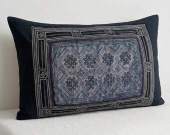 Vintage Hmong Batik Lumbar Pillow Cover, Embroidered Black Hemp, 12x20