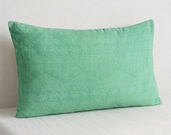 Hmong Batik Pillow Cover, Green Cotton, Tribal Cushion (12x20)