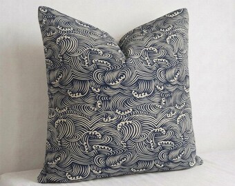 Japanese Wave Pillow Cover | Thai Handwoven Cotton Back, Coastal Wabi Sabi Decor