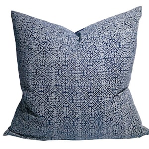 Hmong Indigo Batik Pillow No. 2 - Hill Tribe Cotton Blue White, Ethnic Indigo Pillow, Tribal Pillow,Batik Throw Pillow Cushion Cover 20x20&quot;