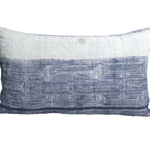 Vintage Hmong Indigo Batik Pillow - Hill Tribe Cotton Blue White, Ethnic Indigo Pillow, Tribal Pillow, Lumbar pillow, Limited edition 02