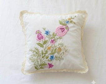 Hand Embroidered Floral Pillow Cover, Cottagecore Throw Pillow, Vintage Inspired Lace Cushion Cover, French Country Decor, Botanical Pillow