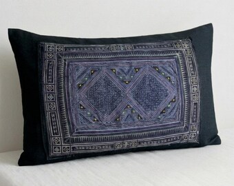 Vintage Hmong Batik Pillow Cover, Black Hemp, Hand-stitched Embroidered Lumbar Cushion (12x20")