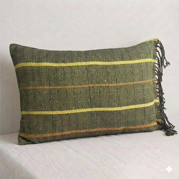 Handwoven Karen Hill Tribe Pillow Cover, Black Yellow Tribal Lumbar Cushion (12x20)