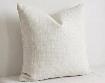 Funda de almohada de lino y cáñamo a rayas neutras, cojín decorativo tejido.