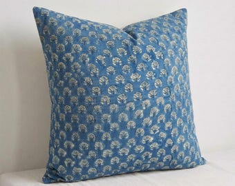 Handmade Blue Block Print Pillow Cover | Indian Cotton Boho Throw Cushion