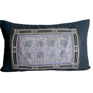 Vintage black Hmong batik lumbar pillow, Vintage Hill Tribe Cushion Cover : 12x20&quot; Hmong Batik & Hand Stitched Embroidered, Hmong pillow