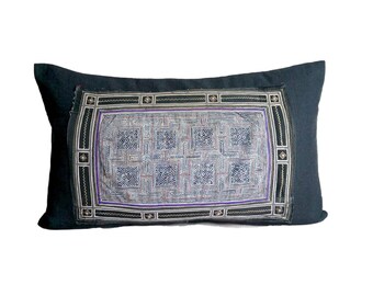 Vintage black Hmong batik lumbar pillow, Vintage Hill Tribe Cushion Cover : 12x20" Hmong Batik & Hand Stitched Embroidered, Hmong pillow