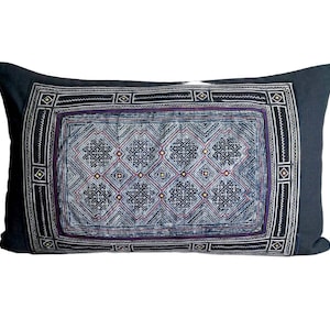 Vintage black Hmong batik lumbar pillow, Vintage Hill Tribe Cushion Cover : 12x20" Hmong Batik & Hand Stitched Embroidered, Hmong pillow