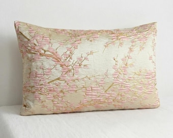 Pink Sakura Silk Jacquard Pillow Cover, Metallic Gold Japanese Style
