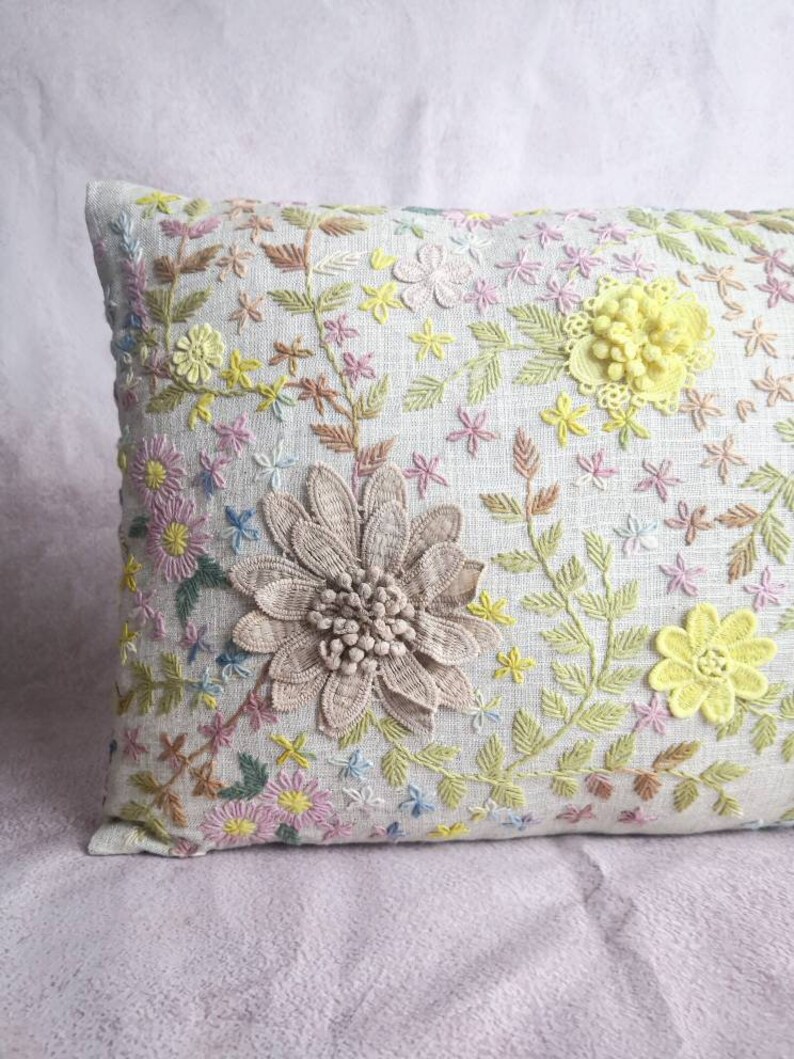 Hmong hemp stitch embroidery flowers pillow, Special custom made for ESAN Studio, floral pillow, 12x20 pillow, lumbar pillow, 100% handmade image 3