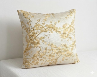 Metallic Gold Jacquard Pillow Cover | Sakura Japanese Pattern Cushion | Elegant Throw Pillow