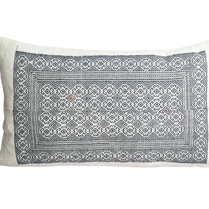 Vintage Hmong Lao black thread hand stitch on neutral hemp pillow, Vintage Hill Tribe Hemp Cushion Cover 12x20&quot; , Vintage pillow collection