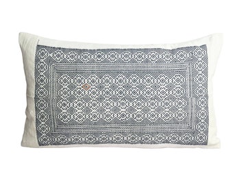 Vintage Hmong Lao black thread hand stitch on neutral hemp pillow, Vintage Hill Tribe Hemp Cushion Cover 12x20" , Vintage pillow collection