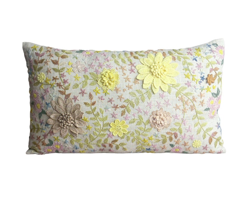 Hmong hemp stitch embroidery flowers pillow, Special custom made for ESAN Studio, floral pillow, 12x20 pillow, lumbar pillow, 100% handmade image 1