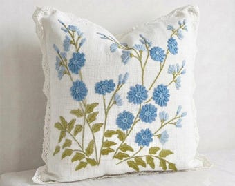 Blue Floral Embroidered Pillow Cover, Cottagecore Throw Pillow, Vintage Lace Cushion Cover, French Farmhouse Decor, Botanical Linen Pillow