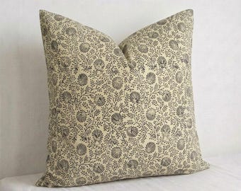 Indian Block Print Pillow Cover | Handmade Floral Cushion Cover | Neutral Boho Farmhouse Decor | Beige Black Throw Pillow