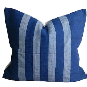 Organic Indigo Handwoven with white striped Pillow Cover : ISAN Natural dye, Handwoven Pillow, 22x22 pillow, blue pillow, hmong pillow