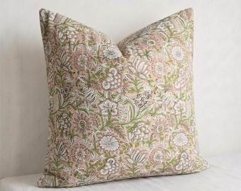 Handmade India Block Print Pillow Cover, Floral Accent Pillow