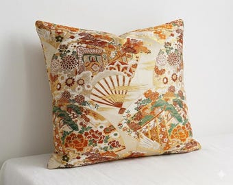 Capa de almofada vintage estilo Obi – Tecido de quimono japonês, detalhe em cetim dourado, decoração Wabi Sabi