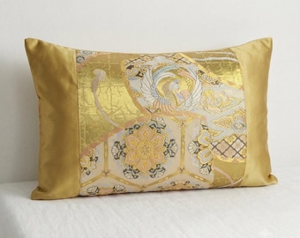 Upcycled Japanese Obi Silk Lumbar Pillow Cover, Gold Satin Patchwork, 12x20" Asian Decor