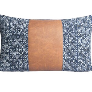 Light brown leather with Hmong indigo batik pillow, lumbar pillow, ethic cushion cover, farmhouse pillow, new era hmong style 12x20 pillow