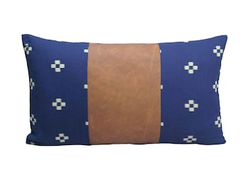 Light brown faux leather with chiang mai cotton block print indigo pillow, minimal pillow, ethic cushion cover, farmhouse pillow, new style