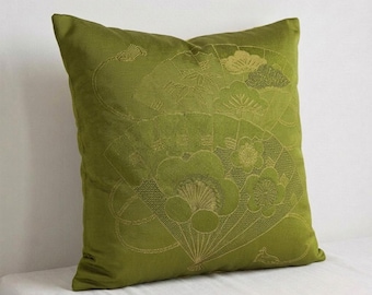 Vintage Japanese Kimono Pillow Cover, Emerald Green Silk Cushion, Woven Fan Textile