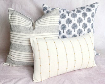 Combo set pillow, 3 pillow set, Block print pillow, Lanna sashiko woven pillow, ESAN striped handwoven pillow, Cozy pillow set,