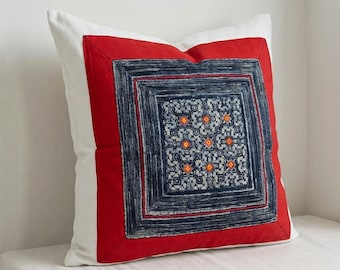 Vintage Hmong Batik Pillow Cover Handmade Patchwork Cushion Red Tribal Textile Boho Ethnic Home Decor