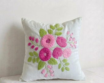 Hand Embroidered Floral Pillow Cover | White Cotton Cushion | Pink Flower Boho Farmhouse Home Decor
