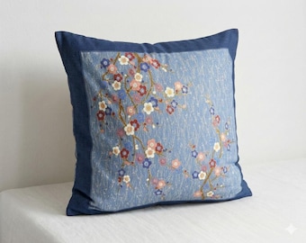Vintage Japanese Print Pillow Cover, Upcycled Obi Fabric (22x22)